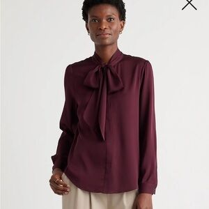 Quince Womens Bow Tie Neck Long Sleeve Blouse - Burgundy